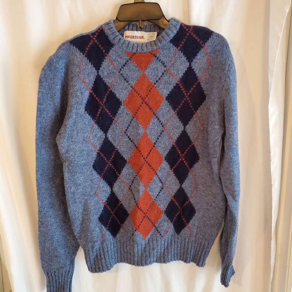 Vintage McGregor Argyle Sweater Mens‎ Large Blue Orange Wool Blend Knit
